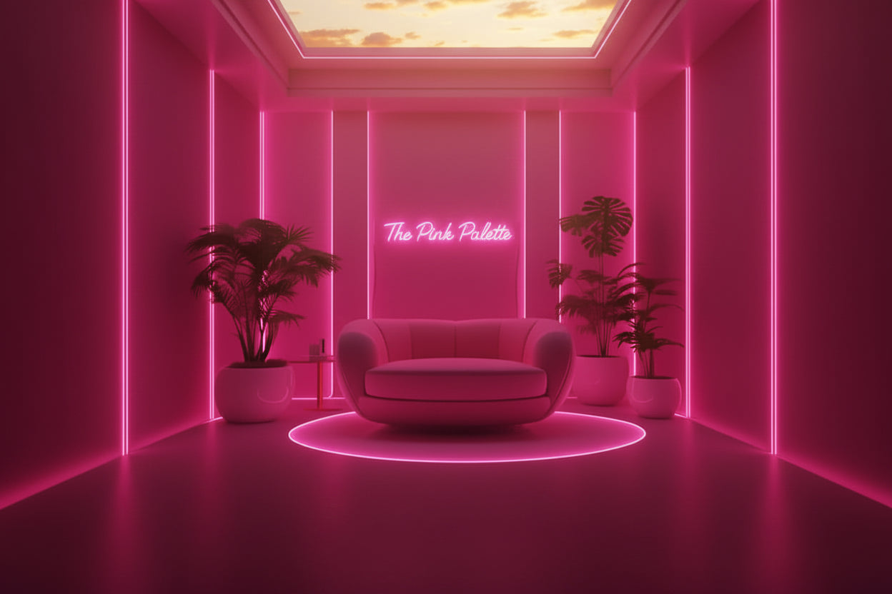 A modern pink lounge chair centered in a minimalist pink room with glowing LED lighting, potted plants, and a circular light on the floor.
